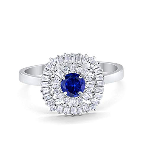 Halo Engagement Ring Art Deco Round Baguette Simulated Blue Sapphire Cubic Zirconia 925 Sterling Silver Wedding Promise Ring Size-7