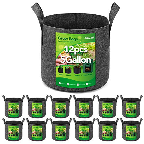 Delxo 12-Pack 5 Gallon Grow Bags Heavy Duty Aeration Fabric Pots Thickened Nonwoven Fabric Pots Plant Grow Bags Grey