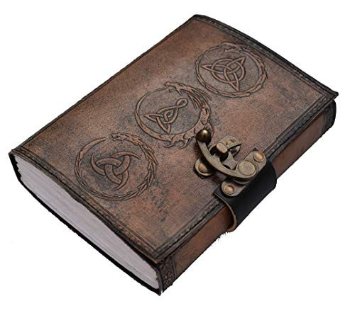 grimoire Journal Antique Unlined White Paper Embossed Dragon with Wiccan Spell Leather Lock Closer Wicca Embossed Book of Shadows Journal Blank Spell Witchcraft Notebook 7x5 inches