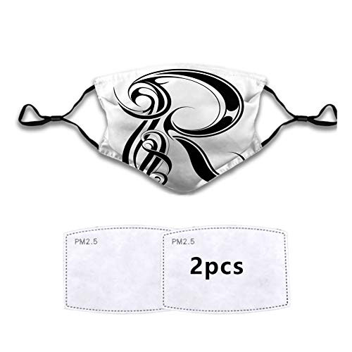 personality mask Windproof Breathable Mouth CoverGothic Medieval Inspired Alphabet Font Capital R Calligraphic Design IllustrationAdjustable Face Masks Sport Reusable Miracle mask-S-