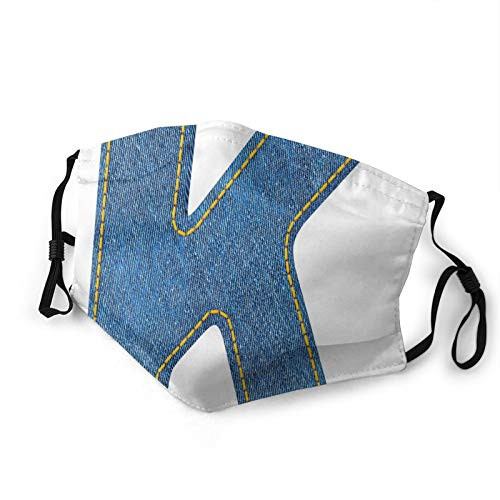 Women Men Boys GirlsAlphabet Font Denim Style Blue Jean Texture Capitalized Character K IllustrationHalf Face Mouth Mask Breathable Mouth Muffle For Travel Outdoor-M-