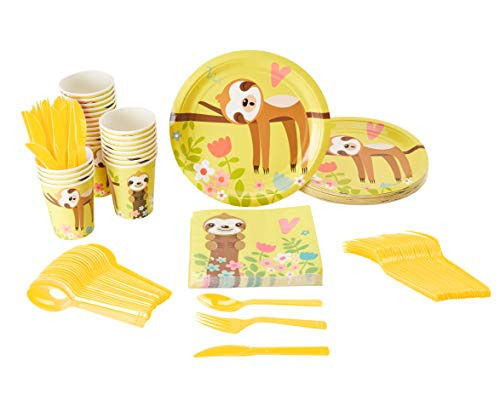 Disposable Dinnerware Set - Serves 24 - Cute Sloth Animal Themed Party Supplies for Kids Birthdays, Baby Showers, Includes Plastic Knives, Spoons, Forks, Paper Plates, Napkins, Cups