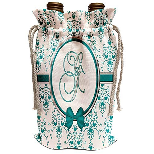 3dRose Charlyn Woodruff - CW Designs Monogram Hearts - Elegant Green and Silver Heart Damask Monogram Letter G - Wine Bag -wbg-164823-1-