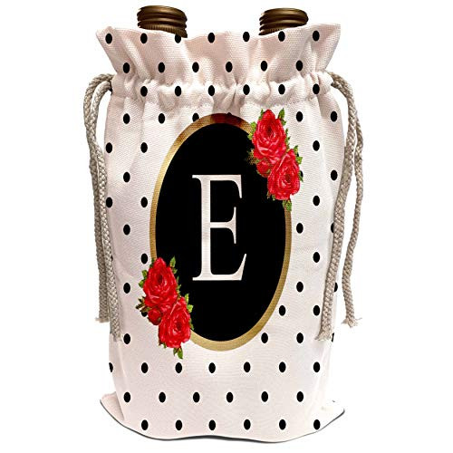 3dRose InspirationzStore - Monograms - Letter E Monogram black and white polka dots with red roses flowers - Wine Bag -wbg-317346-1-