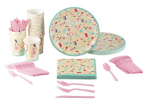 Disposable Dinnerware Set - Serves 24 - Spa Party Supplies for Kids Birthdays, Makeup Party, Includes Plastic Knives, Spoons, Forks, Paper Plates, Napkins, Cups
