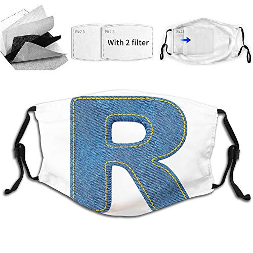 Funny Print Breathable Mouth MasksRetro Denim Style Alphabet Font Pattern with Capital R Letter Blue Jean Design Hip Hop Dust Face Mask Washable And Reusable Windproof Cartoon Animal Masks