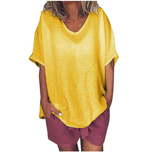 Sttech1 Summer Tops for Women Linen Shirts Casual O-Neck Short Sleeve Solid Linen T-Shirt Loose Pullover Blouse Top
