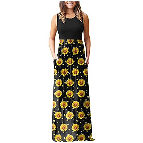 Smileyth Women's Sleeveless Beach Long Maxi Dress Summer Bohemian Floral Printing O-Neck Casual Loose Tank Dress with Pocket