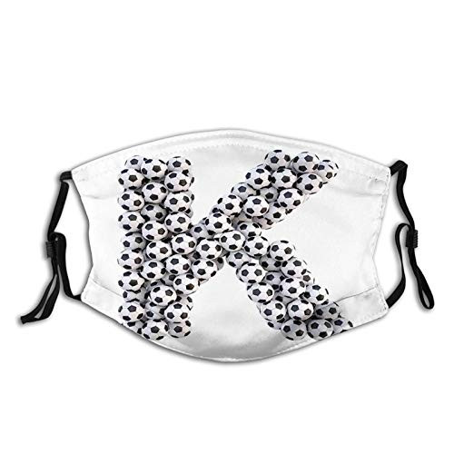 Activated Carbon Mask Letter K Alphabet Design with Soccer Balls Composition with Sports Theme Outdoors Black and White Facial Decorations For Man Woman