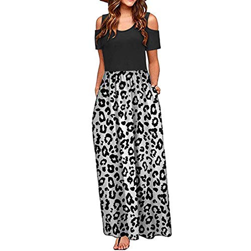 Women Summer Cold Shoulder Pocket Dress Floral Leopard Print Short Sleeve O-Neck Elegant Maxi Long Dress Women Summer Cold Shoulder Pocket Dress Floral Leopard Print Short Sleeve O-Neck Elegant Maxi Long Dress