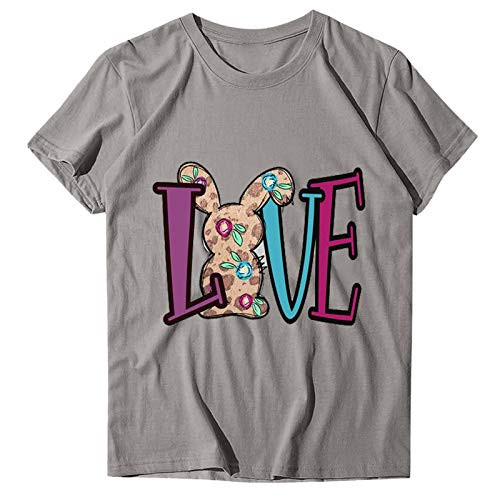 YUehswet Womens Short Sleeve TopsWomens Love Letter Print Tees Easter Day T Shirts Casual O Neck Shorts Sleeve Blouse Gray