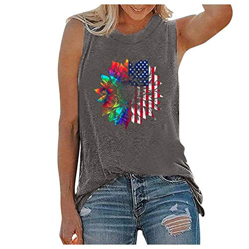 Women's Tank Tops Sunflower Printing Blouse Casual Loose O Neck Sleeveless Vest Tops -GrayL-
