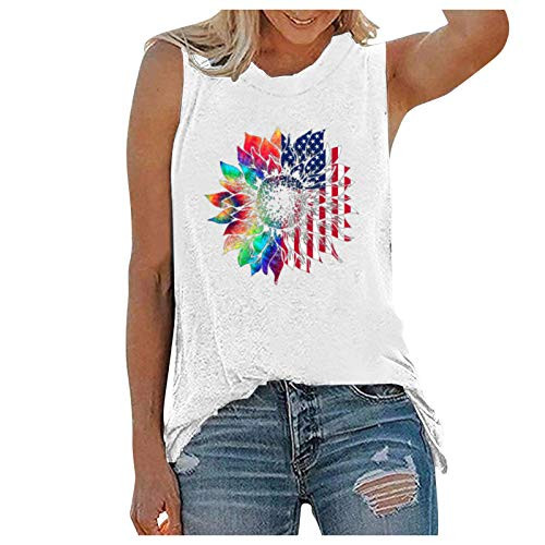 Women's Tank Tops Sunflower Printing Blouse Casual Loose O Neck Sleeveless Vest Tops -WhiteL-
