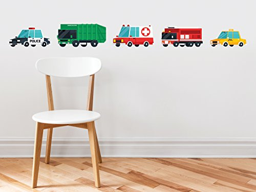 Transports Fabric Wall Decal, Set of 5 Emergency Rescue Vehicles and City Trucks, Transportation Wall Decor with Police Car, Garbage Truck, Ambulance, Fire Truck, and Taxi, Non Toxic and Reusable