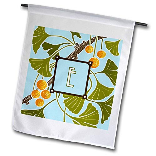 3dRose Russ Billington Monograms- Ginkgo- Initial E - Initial E- American Arts and Crafts Style Ginkgo Monogram Design - 12 x 18 inch Garden Flag -fl-299655-1-