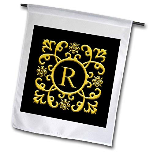 3dRose Floral Decorative Monogram. Gold on Black. Resplendent Letter R - Flags -fl-346100-1-