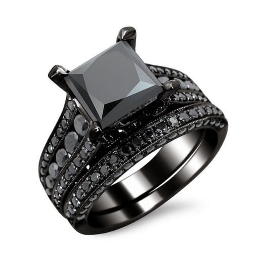 Saengthong 14kt Black Gold Filled Black Sapphire Elegant Women Wedding 2pc Ring Size 6-10 -7-