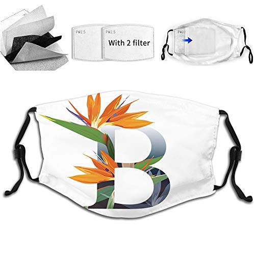 Funny Print Breathable Mouth MasksLetter B with Bird of Paradise Flower Alphabet Character Font Design Print Hip Hop Dust Face Mask Washable And Reusable Windproof Cartoon Animal Masks