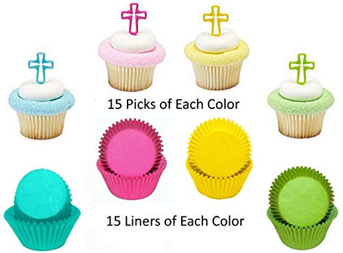 Cross Christian Cupcake Topper Picks and Liners (Enough for 60 Cupcakes)