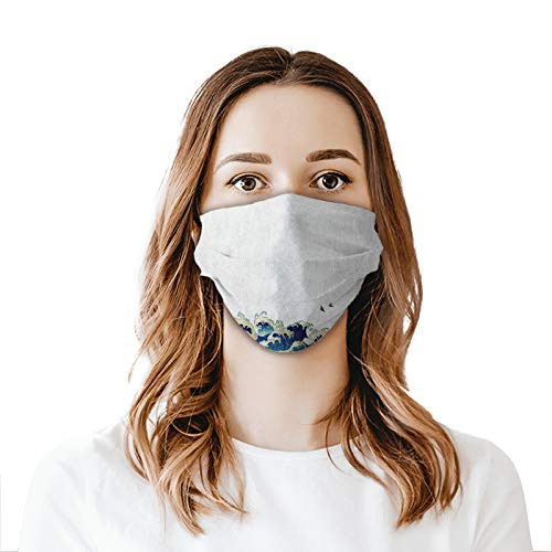 Comfortable Windproof mask Aquatic Swirls Birds of Ocean Ukiyo-e Style Artwork Greyscale BackgroundPrinted Facial Decorations for Adult