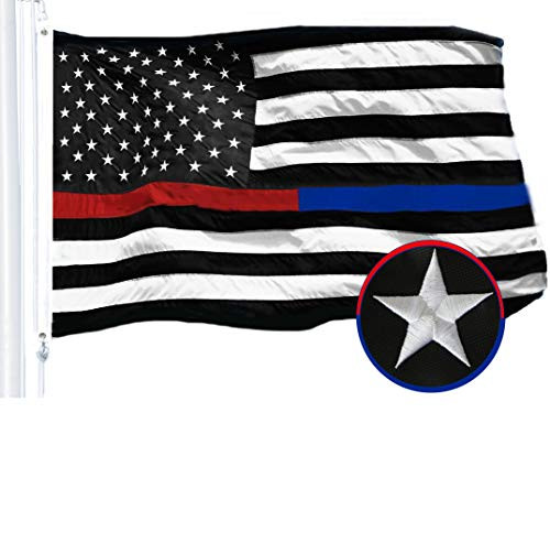 G128 - Thin Blue Line Police & Thin Red Line Firefighter Embroidered 3X5ft U.S. American Flag Brass Grommets Respect Honoring Law Enforcement Officers First Responder USA Flag