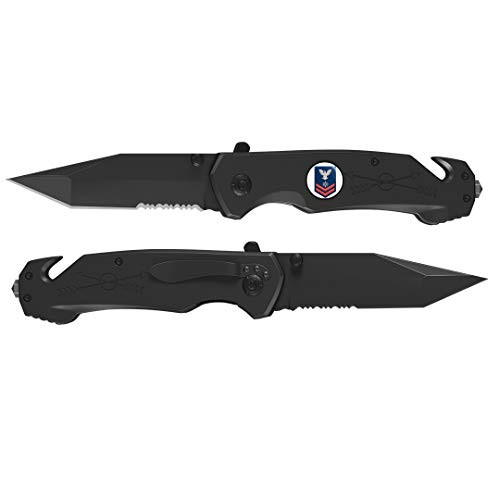 US Navy Red E-5 Data Systems Technician DS 3 in 1 Tactical Pocket Knife with Glass Breaker Seatbelt Cutter and Steel Serrated Blade