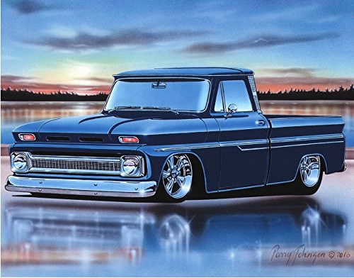 1964 65 66 Chevy C10 Fleetside Pickup Classic Truck Art Print Blue 11x14 Poster