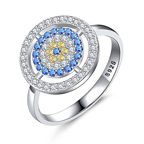TONGZHE Dia.13mm Round Blue Evil Eye Band Ring in Sterling Silver 925 with Cubic Zirconia Size 6-8