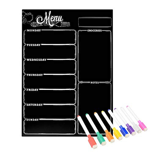 Magnetic Meal Planner Dry Erase Board with 8 Colored Liquid Chalk Markers | Perfect Chalkboard for Kitchen | Weekly Menu, Grocery Shopping List for Fridge (16inch x 12inch) (Black)