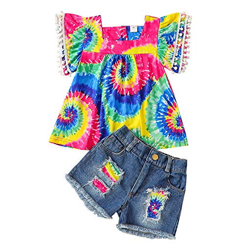 Toddler Baby Girls Jeans Shorts Outfits Floral Shirt Tops Ripped Denim Shorts Summer Clothes Set -3-4T Multicolor tie dye-