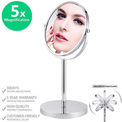 Double-Sided Magnifying Makeup Mirror, Large 6.7-Inch Vanity Makeup Mirror,1X and 5X Magnifying Mirrors ~ Perfect for Bedroom or Bathroom Vanity, Tabletop Swivel Mirror Chrome Finish