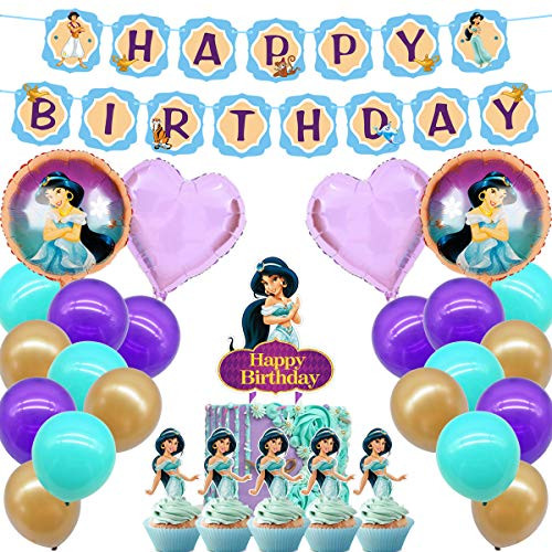 Decorations for Aladdin Birthday Party Supplies Jasmine Theme Banners Balloons Cake Topper Cupcake Toppers