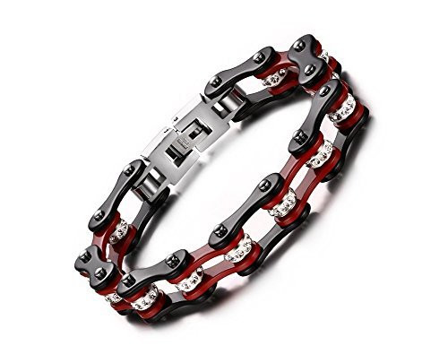 Unisex Stainless Steel Motorcycle Biker Chain Link Bracelets with Rhinestones (black-red) Unisex Stainless Steel Motorcycle Biker Chain Link Bracelets with Rhinestones (black-red)