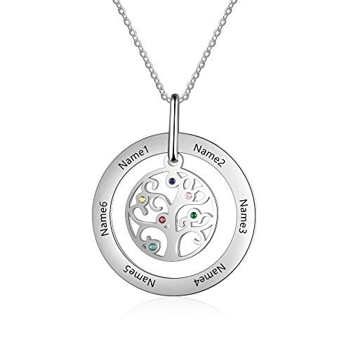 ROSI Personalized Mothers Necklace Family Tree of Life Necklace with 6 Simulated Birthstones Pendant Necklaces for Women Free Engraving 6 Names for Her -6 stones and 6 names-