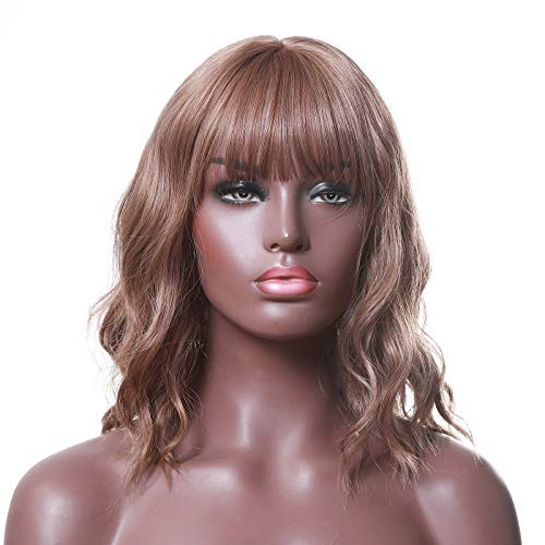 Uleeso Short Wavy Bob Wigs with Bangs for Women Chestnut Wavy Bob Curly Synthetic Hair Replacement Wigs 14''