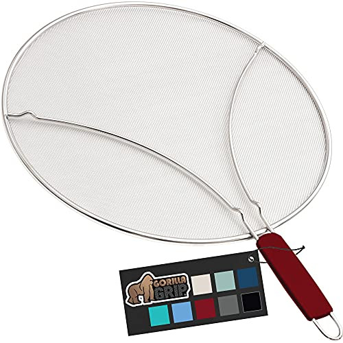 Gorilla Grip Splatter Screen Stainless Steel Fine Mesh Screens for Frying Pan Resting Feet Shield Grease and Oil Splashes Helps Guard from Cooking and Protect Bacon Splatters 15 Inch Red Handle