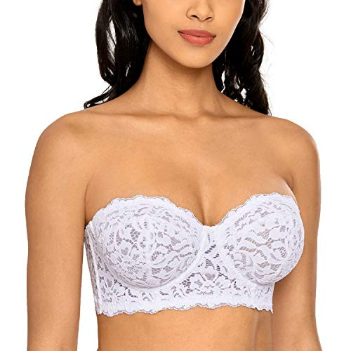 DOBREVA Women's Lace Strapless Bralette Bandeau Balconette Unlined Underwire Bra White 36D DOBREVA Women's Lace Strapless Bralette Bandeau Balconette Unlined Underwire Bra White 36D