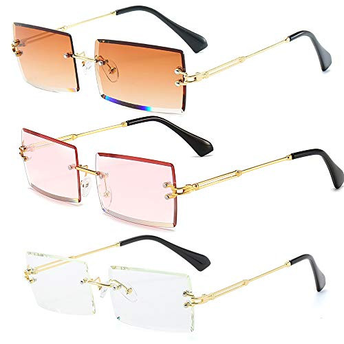 Dollger Rimless Rectangle Sunglasse For Women Men Frameless rimless glasses Trendy Retro 90s Sunglasses 3pcs