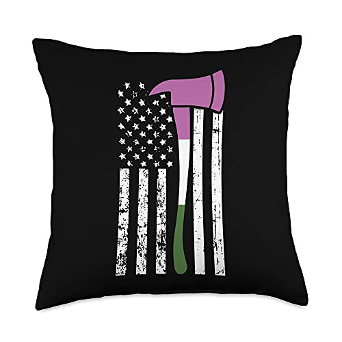 Gender-queer Cloths Gift Queer Pride LGBT-Q Ally Firefighter American Flag LGBT-Q Gender-Queer Pride Fireman Throw Pillow 18x18 Multicolor