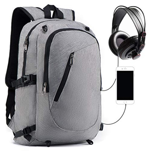Slim Laptop Backpack, Outdoor Sports Backpack with USB Charging/Headphone Port and Basketball Net, Casual Travel Daypack Fits 15.6" Laptop - Grey