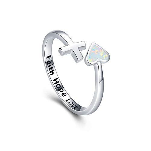 JUSTKIDSTOY S925 Sterling Silver Love Heart Ring Engraved Faith Hope Love Blue-White Open Adjustable Opal Wrap Rings Inspirational Jewelry for Women -White Opal-6-