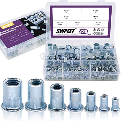 Swpeet 220Pcs 7 Sizes Imperial Zinc Plated Carbon Steel Blue White Knurled Rivet Nut Flat Head Threaded Insert Nutsert Assortment Kit