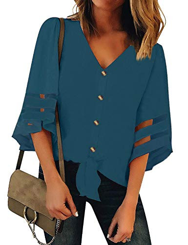 Roshop Womens Button Down V Neck Loose Sleeveless Strappy Cami Tank Tops Casual Shirts Blouses -L Blue-