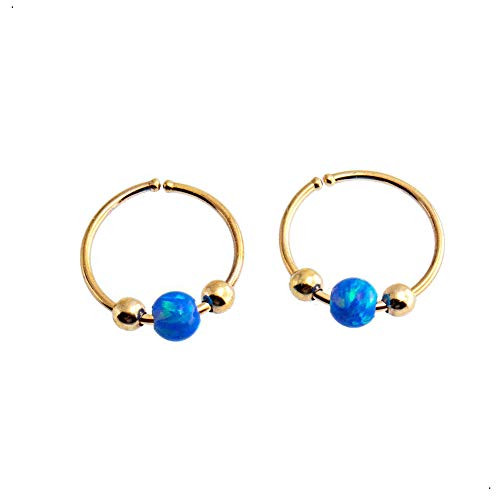 8mm Cartilage Earrings Hoop Nose Tragus Earlobe Piercings in 14K Gold Filled with Blue Opal Stone 22 Gauge Sold in Pair