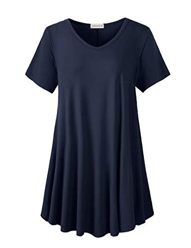 LARACE Tunics Short Sleeve Plus Size Casual Tops for Women V Neck Loose Fit Flowy Clothing for Leggings-Navy Blue 2X-