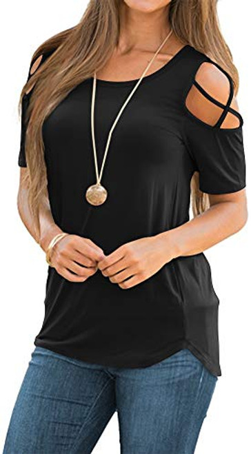 NILOUFO Womens Summer T Shirts Short Sleeve Tunic Strappy Cold Shoulder Tops-02-Black Medium- NILOUFO Womens Summer T Shirts Short Sleeve Tunic Strappy Cold Shoulder Tops-02-Black Medium-