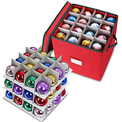Primode Holiday Ornament Storage Chest, with 4 Trays Holds Up to 64 Ornaments Balls, with Dividers (Red)