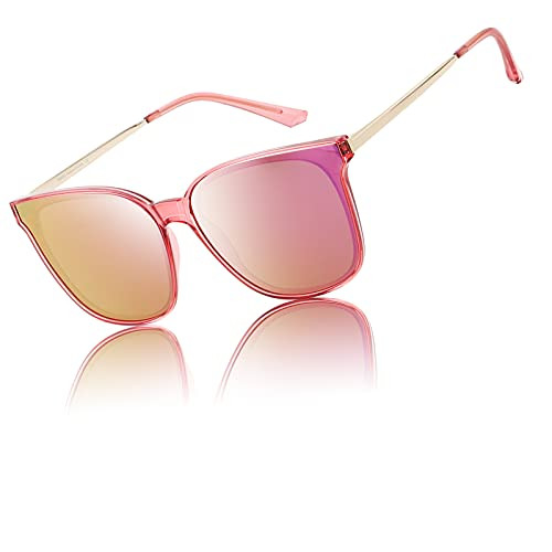 DUCO Vintage Round Polarized Retro Sunglasses for Women UV Protection W016 -Transparent Pink-