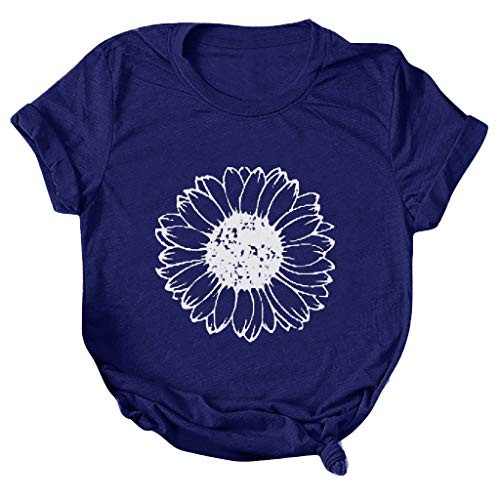 Hotkey Womens T Shirt Women Casual Printing Short Sleeves O-Neck Loose T-Shirt Blouse Tops Sunflower Print Tunic Tops Blue