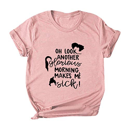 ZEFOTIM Women Casual Halloween Letter Print Short Sleeves O-Neck T-Shirt Blouse Tops-PinkLarge-